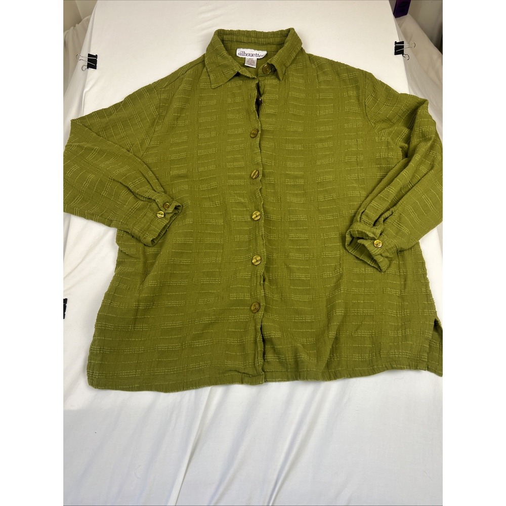 Silhouettes Green Button Front 100% Cotton Top Long Sleeve Oversized 1X